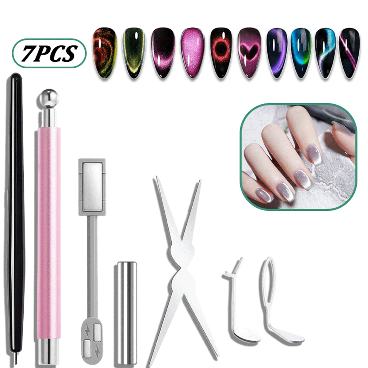 Nail Art Full Color - 7 Parça Kedi Gözü Tırnak Mıknatıs